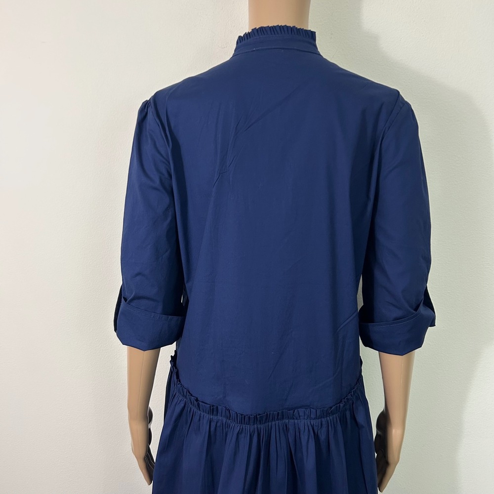 Taylor Tillman Navy Blue Cotton Poplin Ruffle Drop Waist Midi Shirt Dress Small - Picture 12 of 13